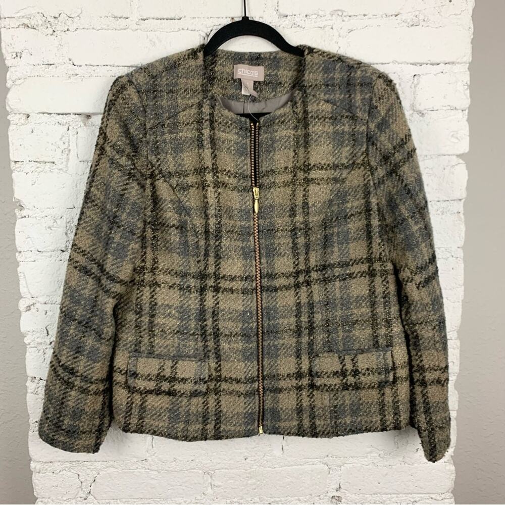 Chicos Plaid Tween Metallic Knit Gold Front Zip Blazer Coat Wool Blend 1